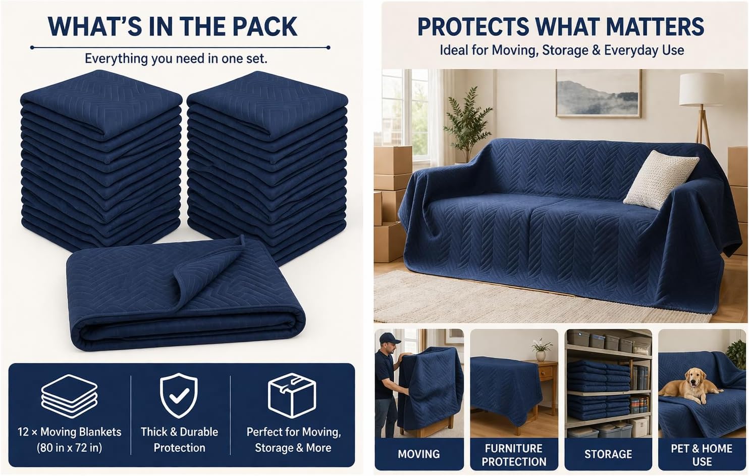 Pack of America 12-Pack Moving Blankets – Professional Furniture Pads for Moving, 80 x 72 in, Heavy Duty, Thick Quilted Shipping Blankets for Furniture Protection, Reusable Packing Supplies