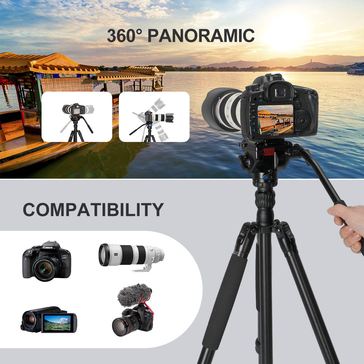SIRUI Aluminio Vídeo Trípode para Videocámara Traveler VA, 159cm Trípode de Viaje y 164,5cm Monopié con Cabezal Fluido VA-5, Trípode de Cámara Reflex para Videocámara, Carga Máxima 5KG
