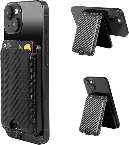 Cartera magnética con soporte para teléfono compatible con iPhone: Soporte magnético para tarjetas con soporte ajustable - Cartera de cuero de fibra