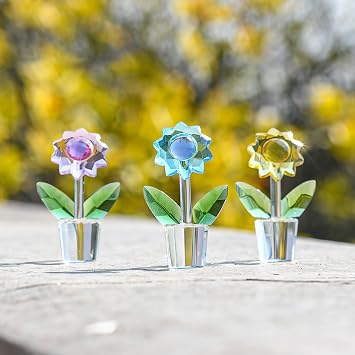 LONGWIN 3pcs Crystal Sunflower Figurines Collectible Glass Spring Bouquet Lucky Home Decor Ornaments Gift Idea for Mothers Day, Birthday, Christmas Day