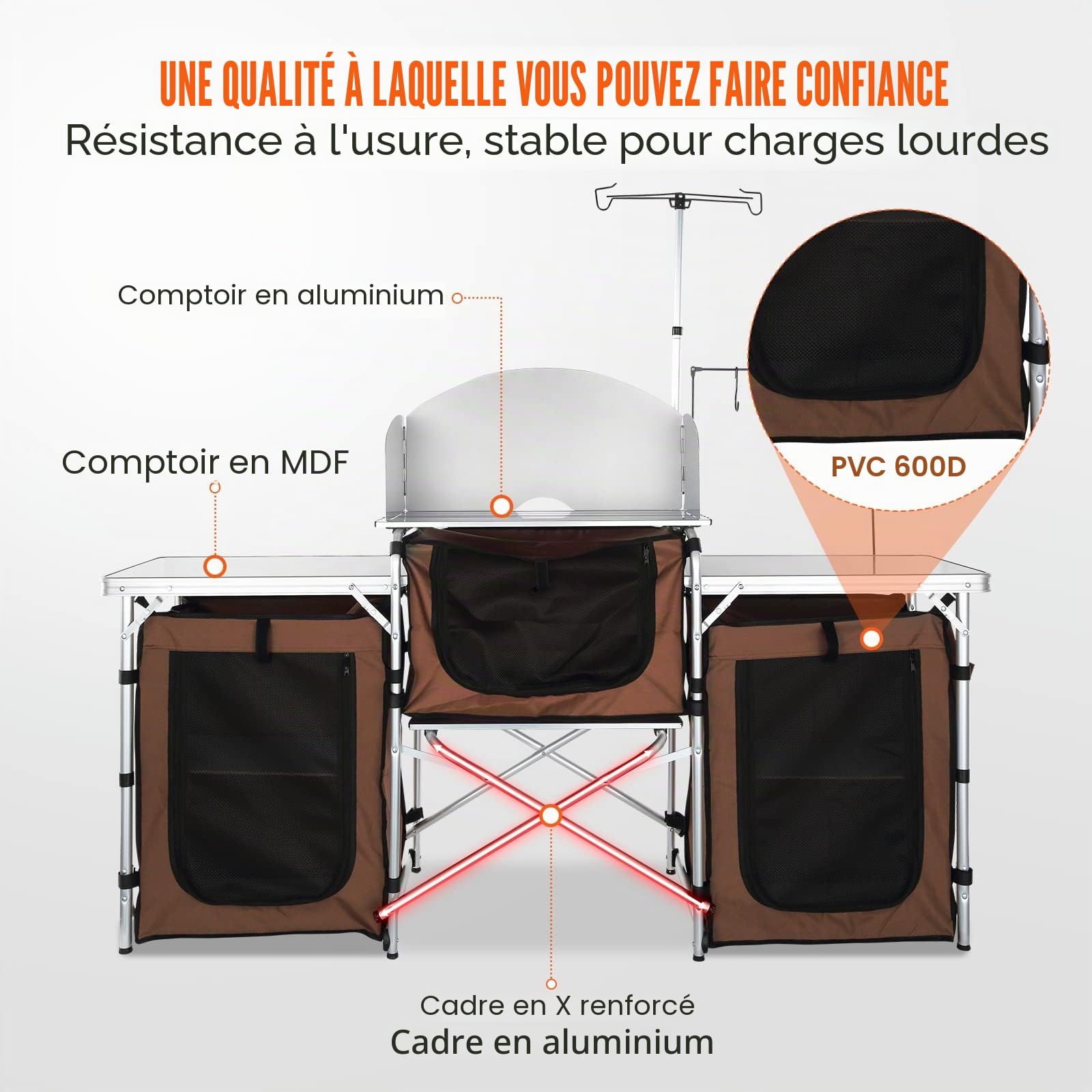 VEVOR Cuisine de Camping 174x176x46 cm Armoire de Camping Pliable Structure en Alu Grand Comptoir Meuble de Cuisine avec Pare-Brise 5 Compartiments avec Sac de Transport pour BBQ Pique-Nique Jardin