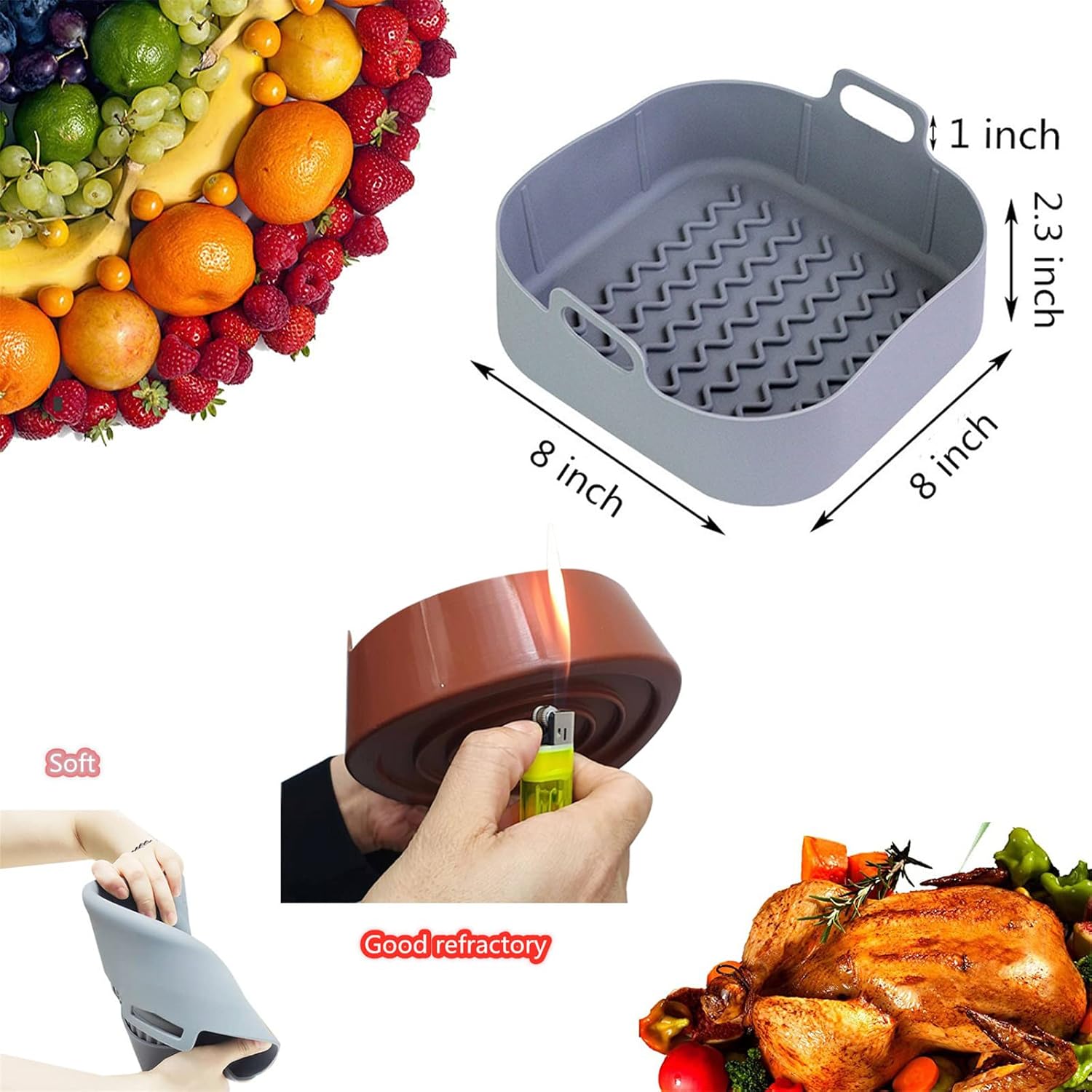 2Pcs Air Fryer Silicone Pot 8 Inch Silicone Air Fryer Liners Basket Food Safe Non Stick Air Fryer Accessories Reusable Replacement Parchment Air Fryer Liner Paper Fits 3.6 To 6.8QT Air Fryer Square : Home & Kitchen