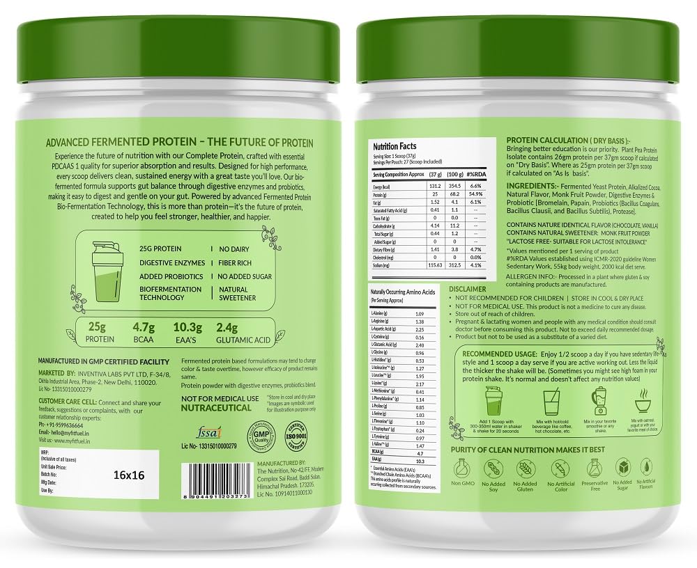 MyFitFuel Fermented Yeast Protein Powder 1kg (Chocolate) | 25g Protein | 4.7g BCAA | Added Probiotics | No Bloating | Higher Absorption | Superior Muscle Recovery | PDCAAS of 1 | Gut Friendly 4