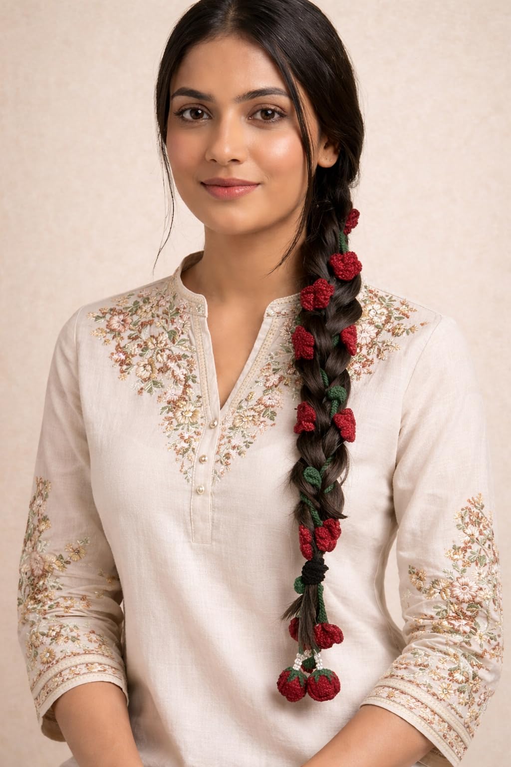 Maroon Crochet Floral Prandi, Traditional Braid Hair Accessory with Green Leaves-picture-26