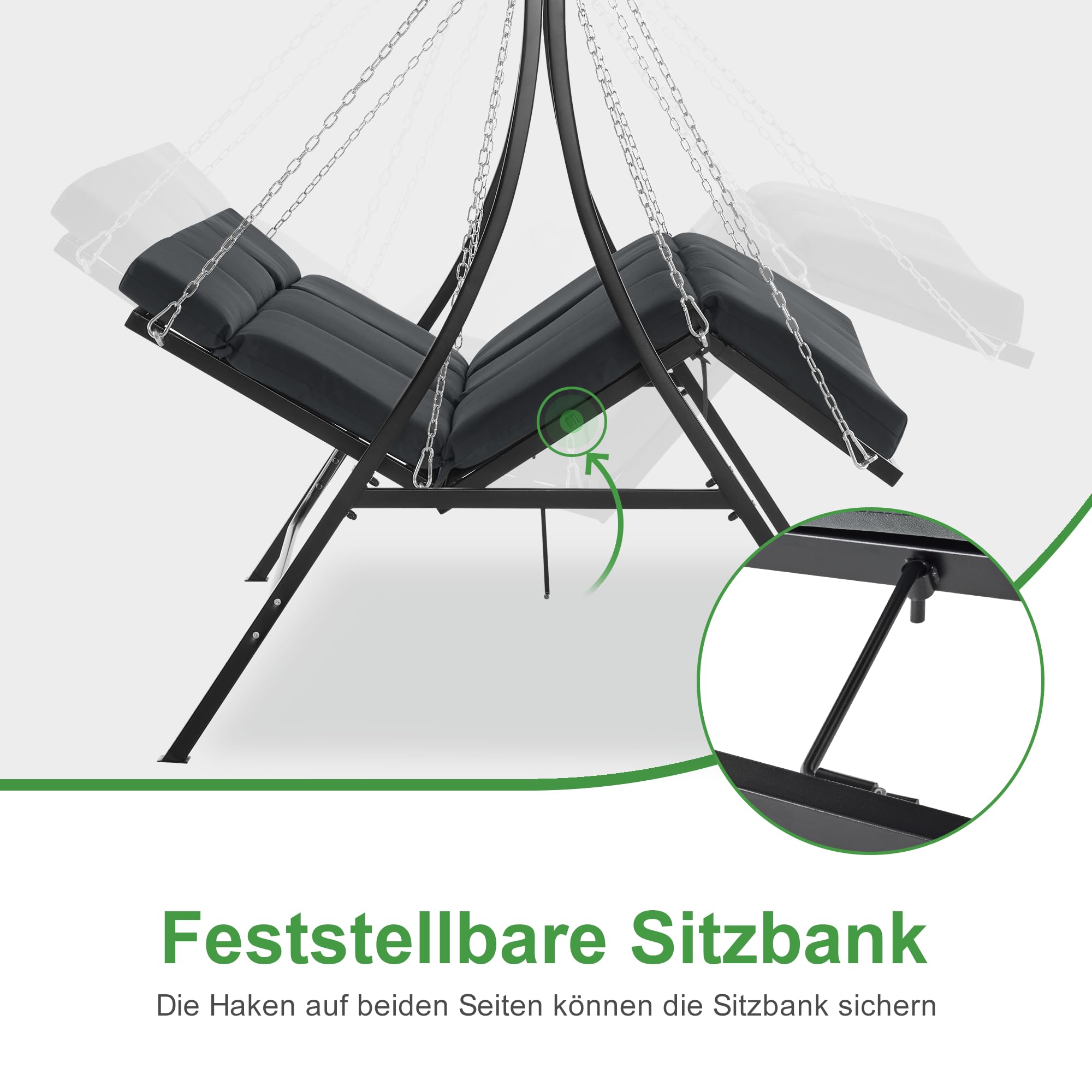 M MCombo Hollywoodschaukel mit Liegefunktion, Gartenschaukel 3 Sitzer Wetterfest, Outdoor Schaukelbank mit Metallketten, Verstellbarem Dach, 123 * 194 * 169 cm, 8018 (Dunkgelgrau)