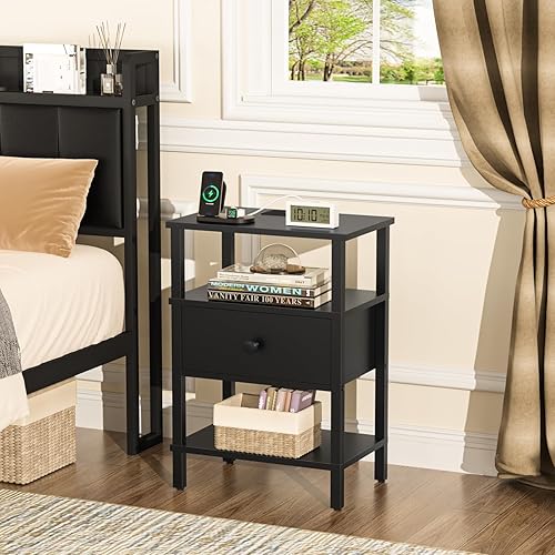 Miniatura 4 de Lerliuo Mesita de noche con estación de carga y puertos USB, mesa auxiliar de almacenamiento de 3 niveles con estante para cajones, mesita de noche