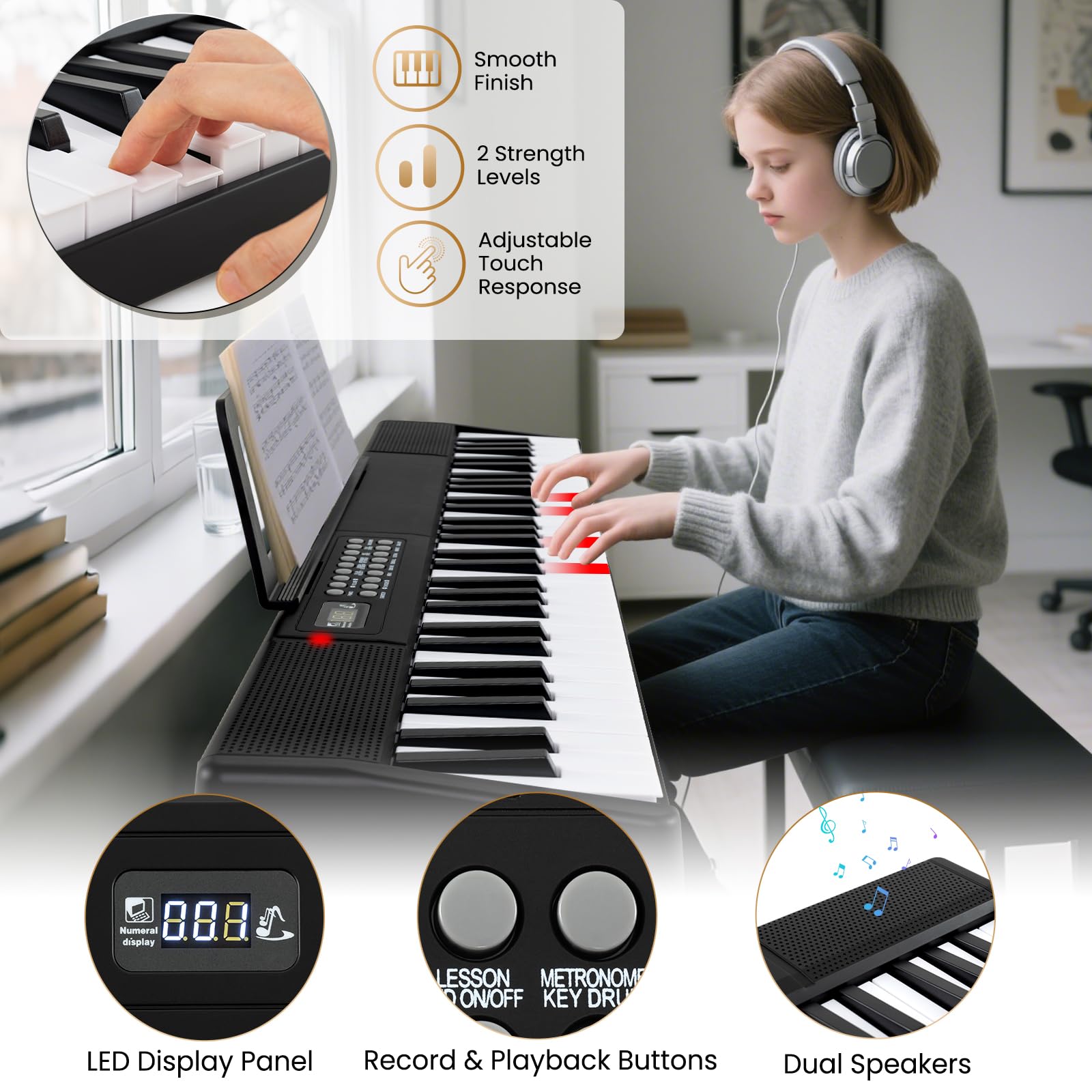 KOMFOTTEU Pianoforte Digitale 61 Tasti Pieghevole e Multifunzionale, Tastiera Elettronica Semi-Pesato, Pianola con Microfono & Doppi Altoparlanti, 3 Modalità di Insegnamento, MP3/USB/MIDI, Nero