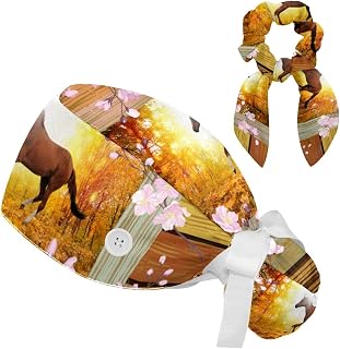 2 Pieces Surgical Cap for Long Hair Scrub Cap with Hairband Nurse Cap, Autumn Leaf Forest Tree Horse