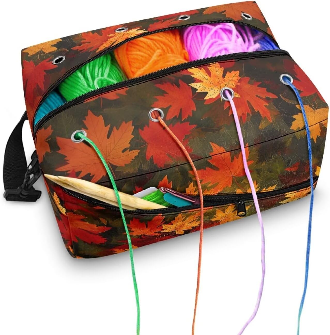 Vanideaoty Maple Leaves Crochet Hook Case with Large Pockets Handle Knitting Needle Case Portable Crochet Organizer for Lighted Hooks, Needles and Accessories