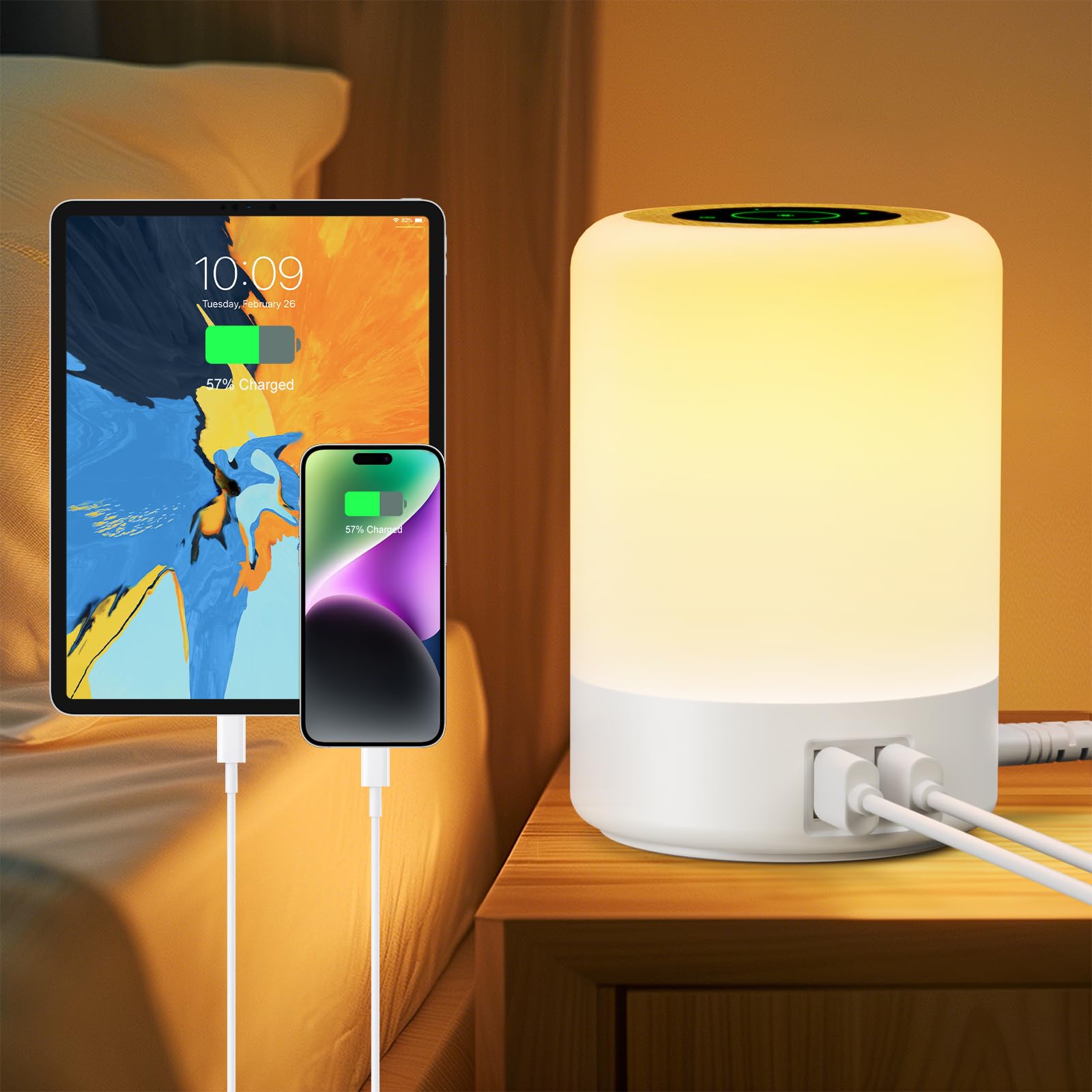Taipow Touch Bedside Lamps with 4 USB-A Charging Port, 3 Modes, 8 Colors and 10 Brightness Levels Touch Lamp