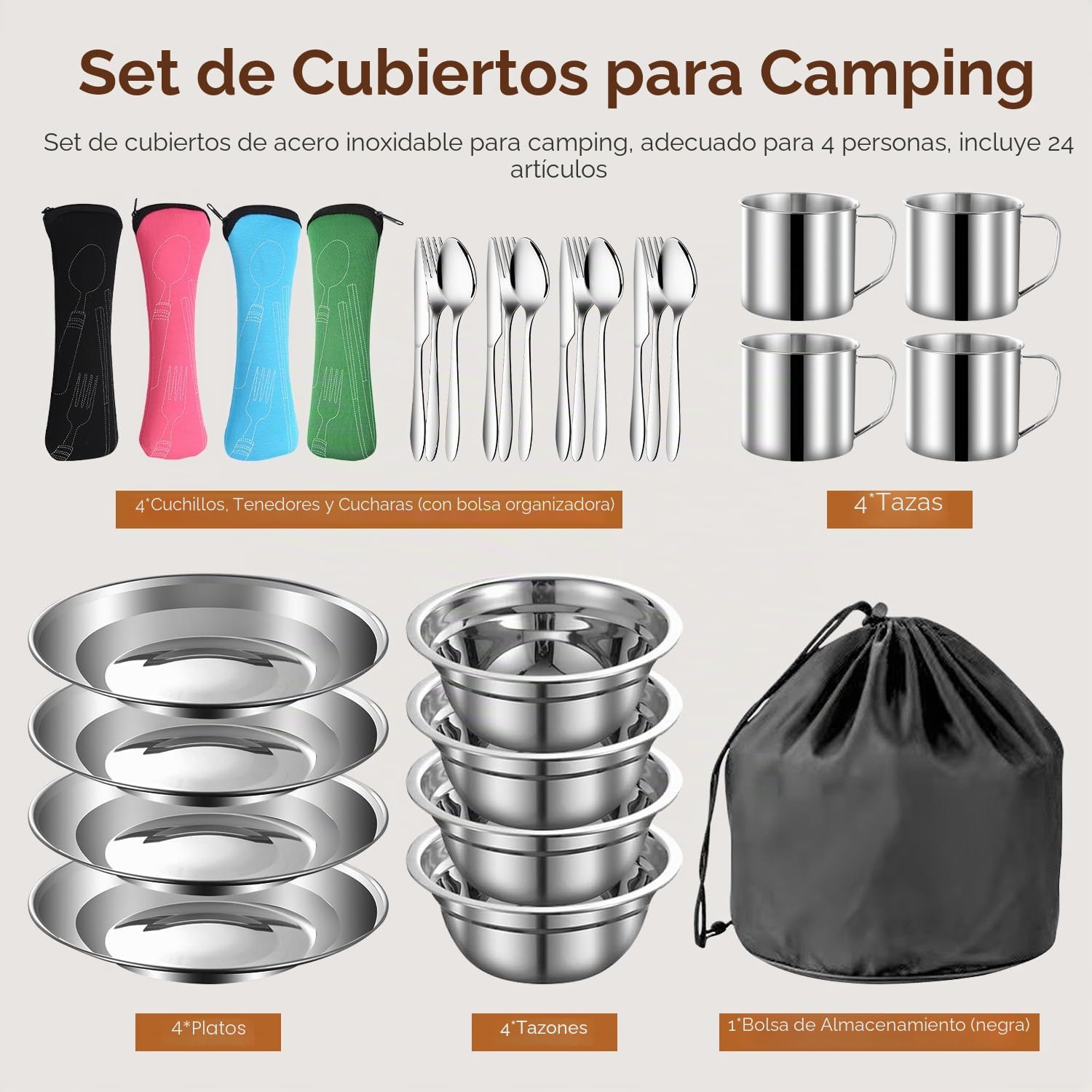Tisssting Vajilla de Acero Inoxidable Juego de 24 Utensilios Cocina de Camping para 4 Personas, Juego de Platos de Camping con Platos Tazas Cucharas Tenedores, Utensilios de Cubiertos al Aire Libre