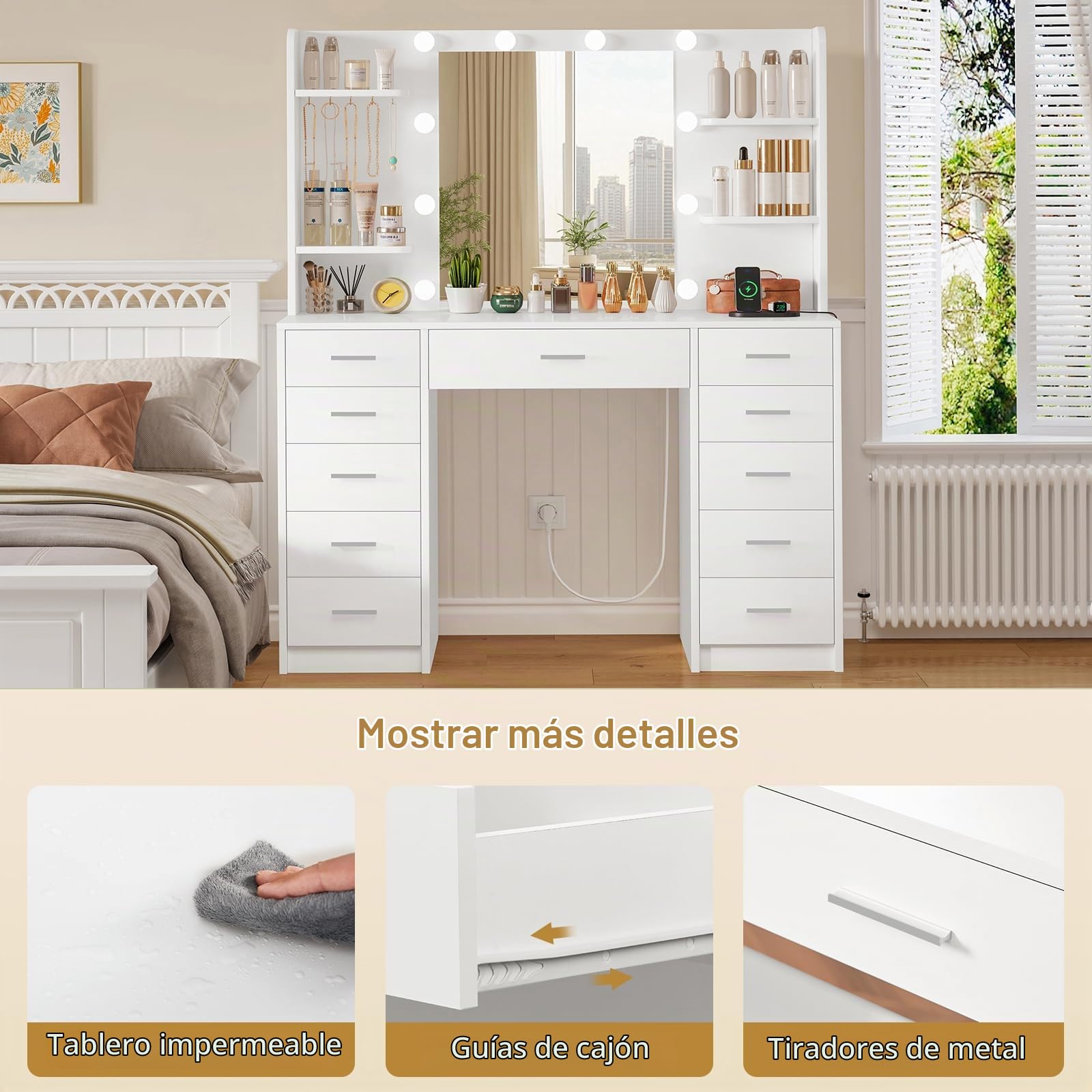 TEENFON Tocador de Maquillaje con Luces LED Regulables y enchufes, Mesa de Maquillaje con Espejo, 4 estantes Abiertos y 5 Ganchos para Joyas, Blanco, Tocador con 11 Cajones