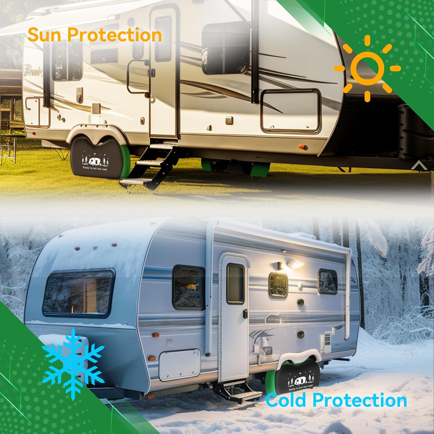 RV Tire Covers Dual Axle, Trailer Tire Covers 2 Pack, Fits 27"-30" Dia Tires, Waterproof Anti-UV 600D Oxford, Dual Axle RV Wheel Covers for Camper, Trailer, Truck (Black+Green, Small)