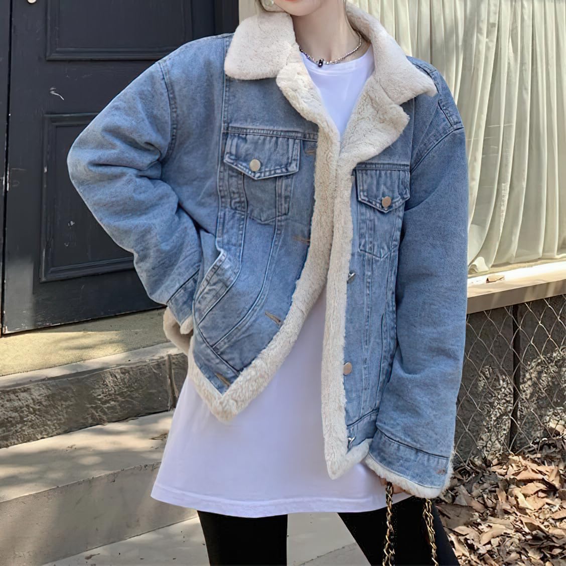 chouyatou Women's Reversible Warm Sherpa Notched Collar Jean Jacket Faux Fur Denim Coat Trucker Jacket - Image 3