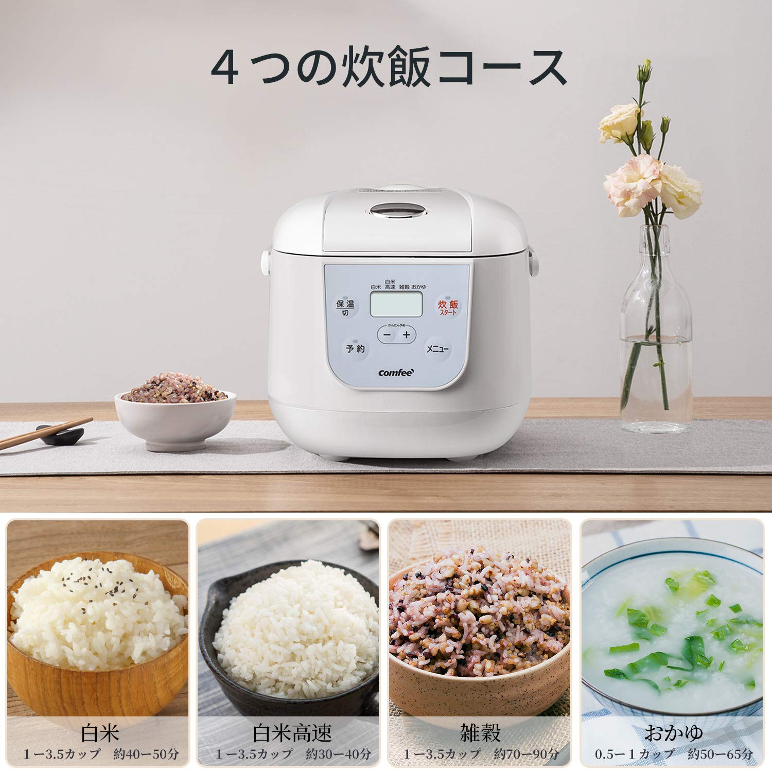 COMFEE' 炊飯器 3.5合 一人暮らし用 保温・予約機能 炊き分けメニュー4種搭載 黒厚釜 コンパクト 持ち運び便利 玄米 ホワイト MB-FD16 Amazon | COMFEE' 炊飯器 3.5合 一人暮らし用 保温・予約機能 炊き分け