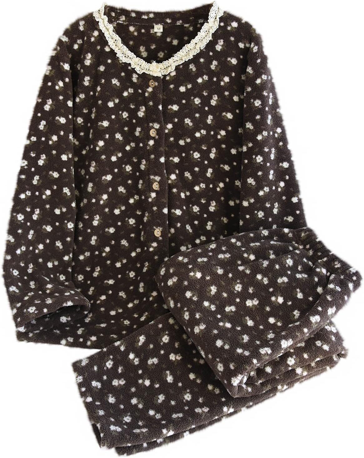 Women's Fleece Pajamas Sets Fluffy Sleepwear Warm Sherpa Plush Floral 2 Piece Pjs Set Button Down Lounge Sets