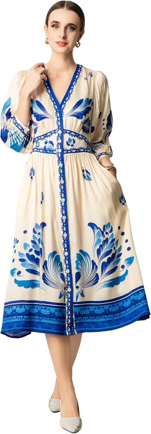 Women's V-Neck Floral Collar Elegant Blue-and-White Porcelain Long-Sleeve Printed Maxi Dress