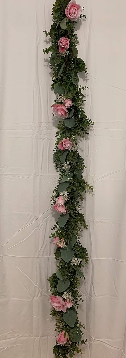 GREENCAKE 6 ft Artificial Eucalyptus Garland with Pink Roses Silk Flower Eucalyptus Leaves Greenery Vines Wedding Arch Decoration Hanging Flower Garland Decor Faux Flora. Closeout Price