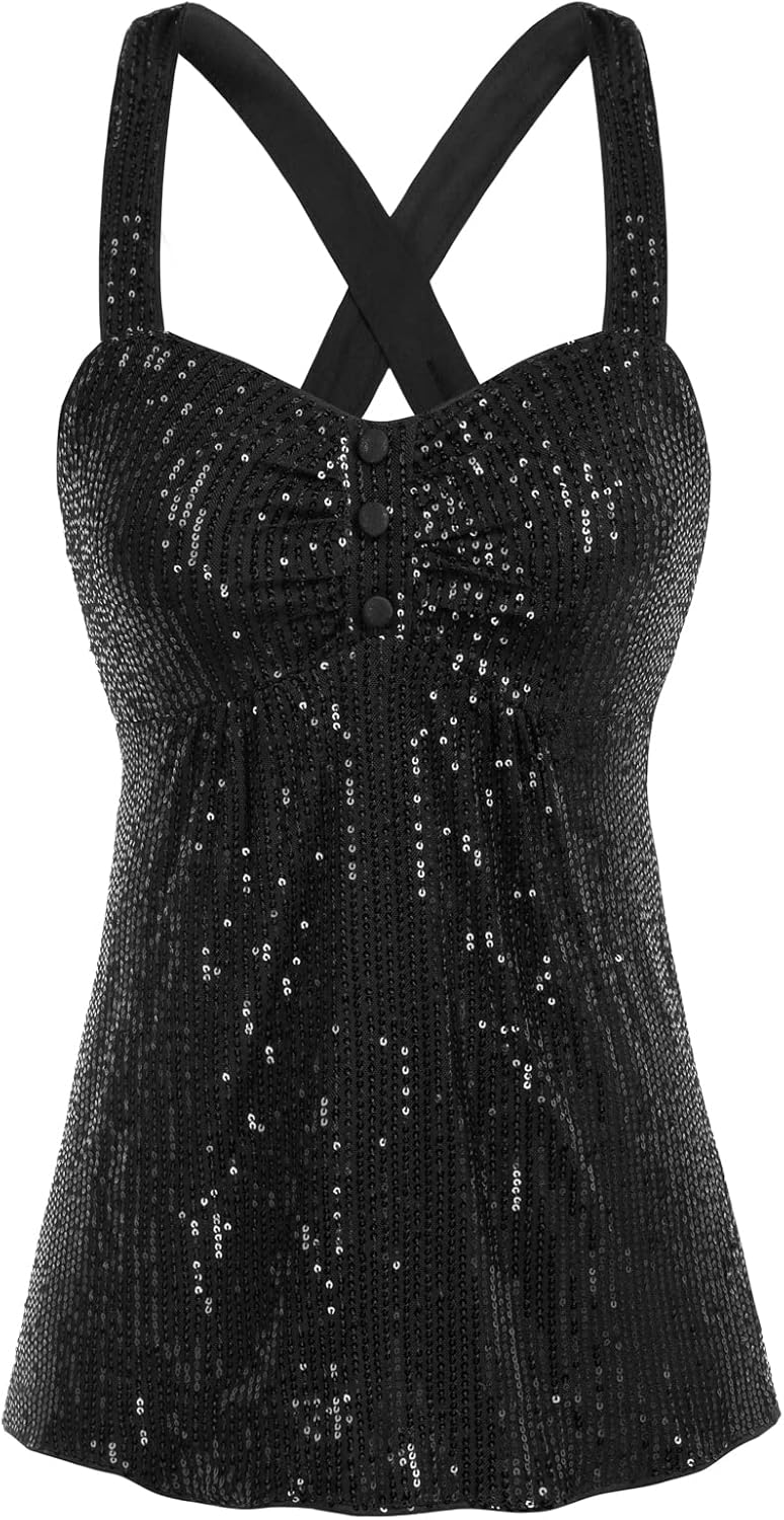 Belle Poque Women's Sparkle Sequin Cami Tank Top Sleeveless Halter Flowy Top Shirts Party at