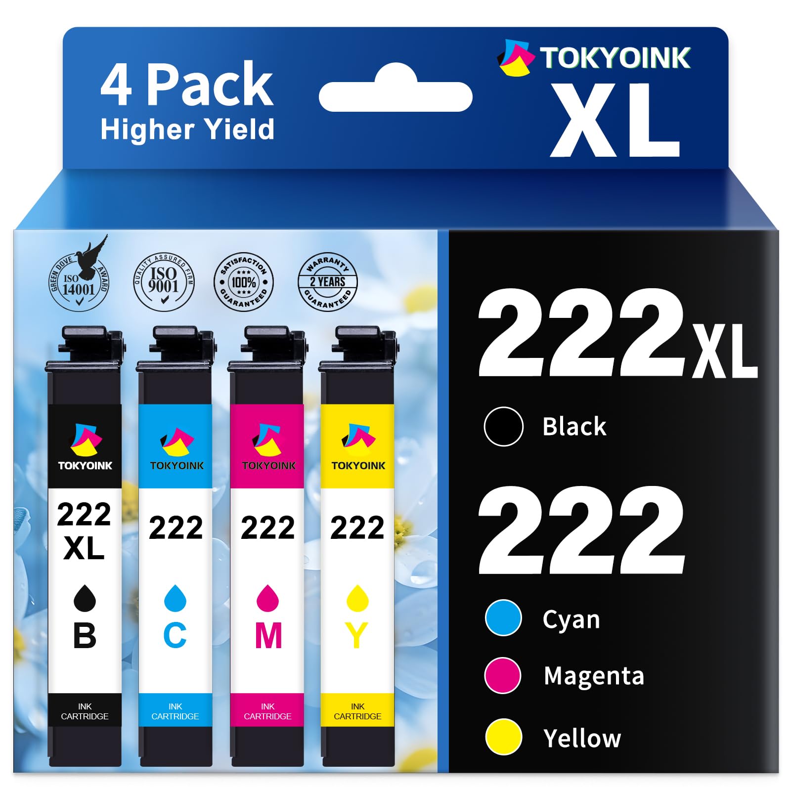 TOKYOINK 222XL Ink Cartridges Combo Pack Remanufactured Replacement for 222 Ink Cartridge 222 XL for Printer XP-5200 WF-2960 Printer Ink (Black, Cyan, Magenta, Yellow 4 Pack)