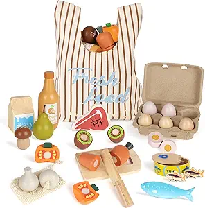 Lehoo Castle Wooden Play Food Sets for Kids Kitchen, Food Toys for Toddlers 3+ Year Old, Pretend Food Play Kitchen Accessories, Cutting Fruits Vegetables Toys, Gift for Boys Girls
