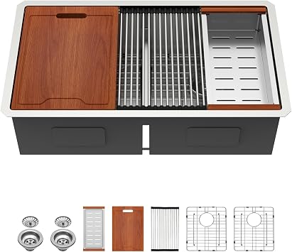 36 Inch Undermount Kitchen Sink Double Bowl 50/50 Low Divider 16 Gauge Stainless Steel Workstation Kitchen Sink with Accessories, 36x19x9 Inch