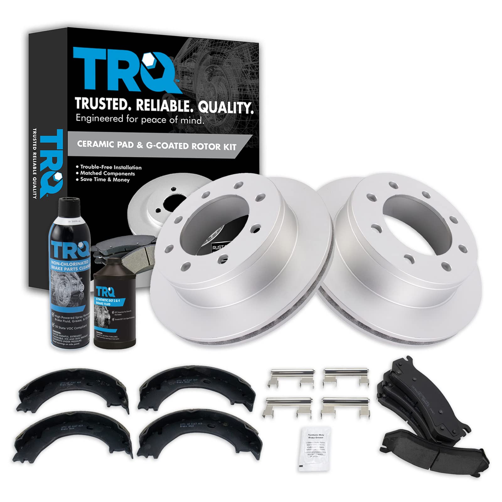 TRQ Rear Ceramic Brake Pad &amp; Coated Rotor with Parking Shoe w/Fluids Compatible with GM SUV