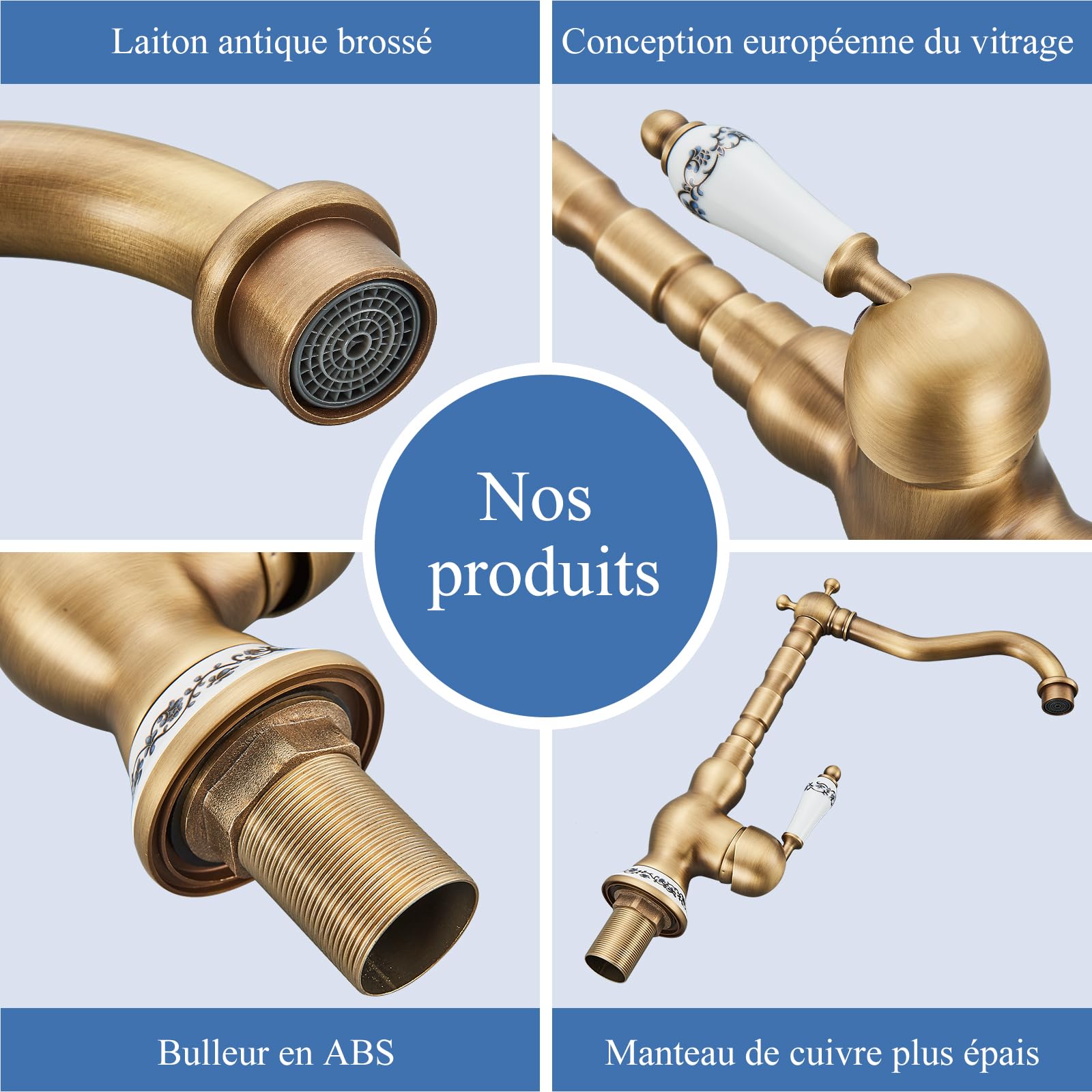Robinet Mitigeur Cuisine Salle de Bains Cuivre Antique Levier Unique Bec Pivotant Style Rétro