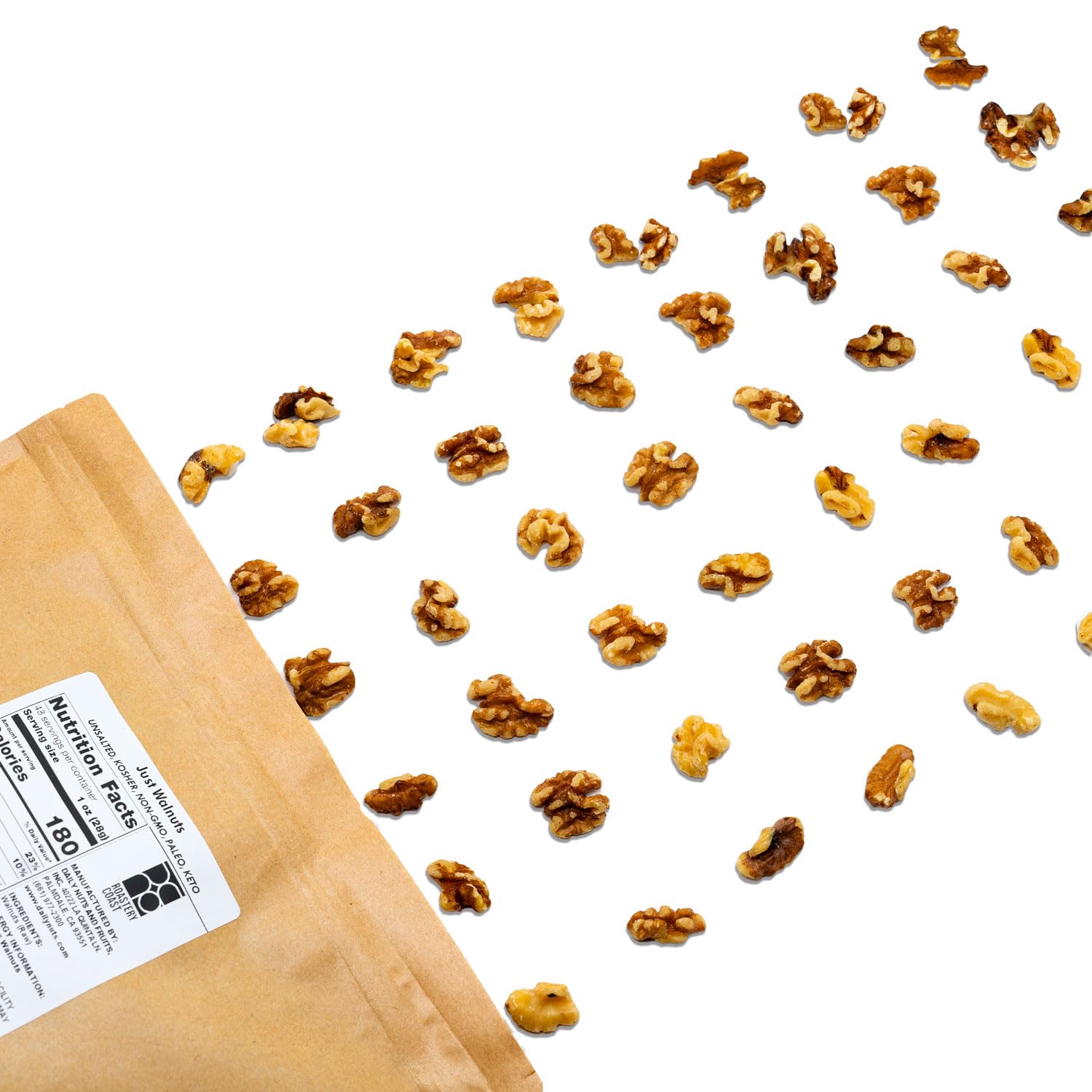 Roastery Coast Walnuts Bulk, 4 LB, No Shell, Halves and Pieces, Raw, Steam Pasteurized, Unsalted, Non-GMO, Gluten Free, Kosher, Just Walnuts