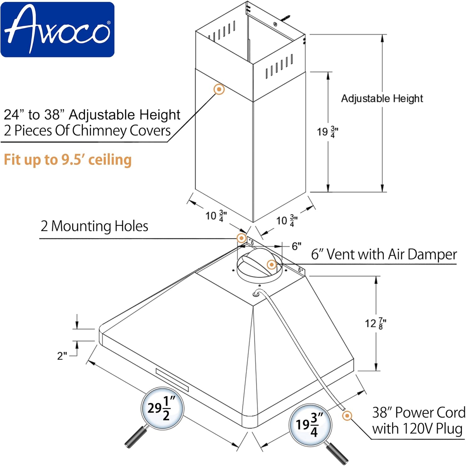 Awoco 30'' Stainless Steel Wall Mount Range Hood with LED Lights