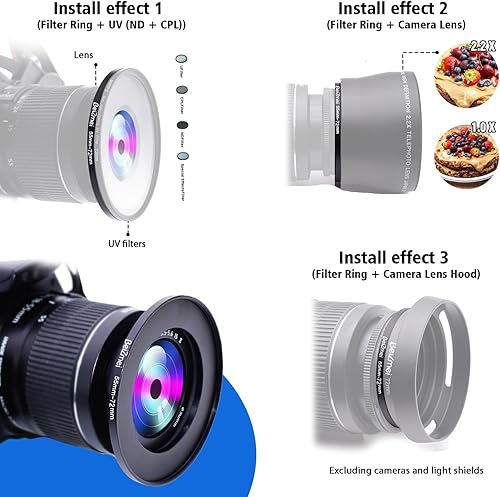 Miniatura 5 de Anillo de filtros de cámara de 2.165 in a 2.835 in, anillos de filtros compatibles con todas las marcas Ø55mm lente a Ø72mm UV ND CPL accesorio de