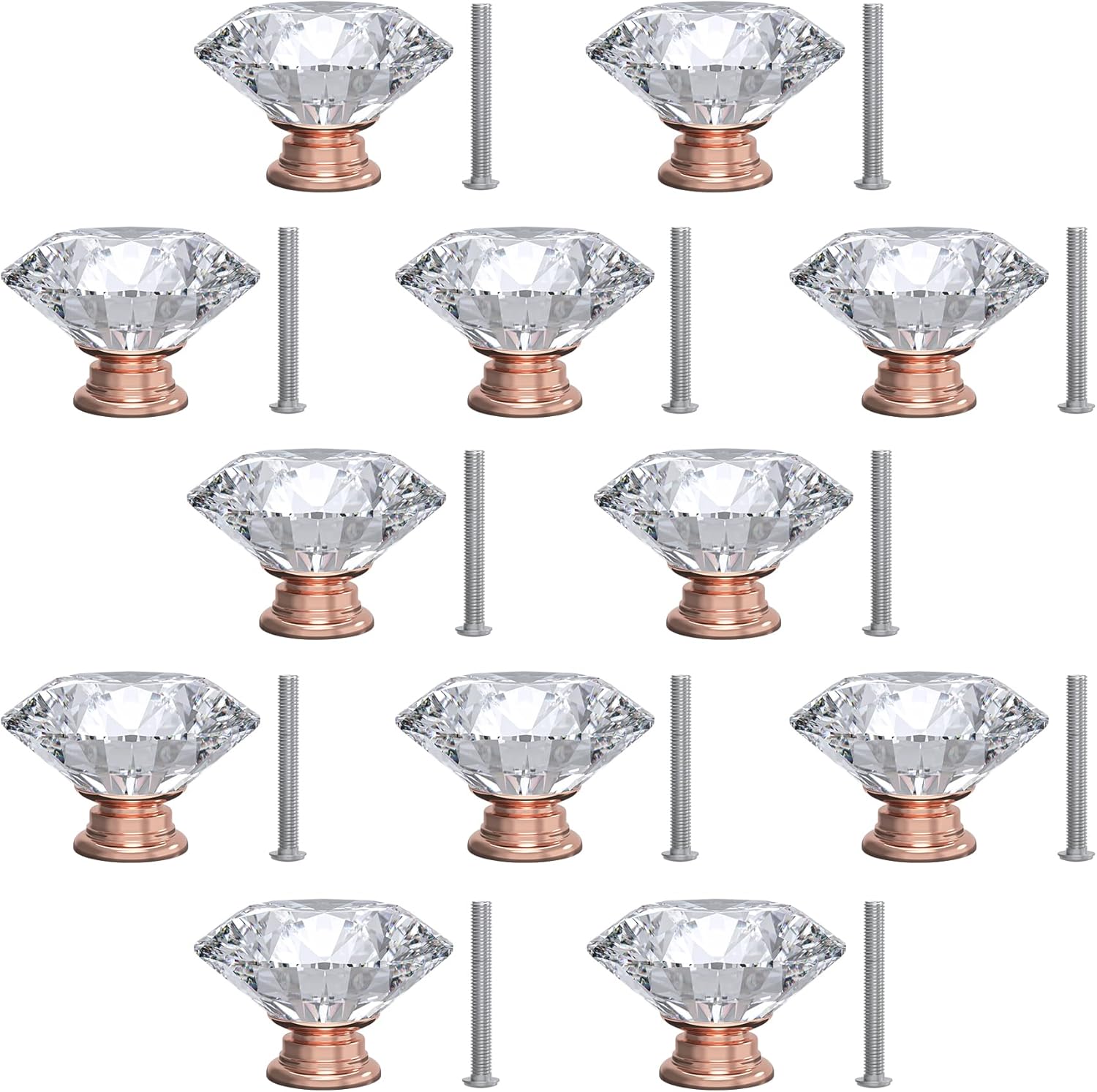 [12 PCS] 40mm Crystal Clear Glass Cabinet Drawer Pulls, Diamond Shape Cupboard Knobs with Screws for Kitchen, Dresser, Cupboard, Bathroom, Wardrobe (1.6 inch / 40mm)