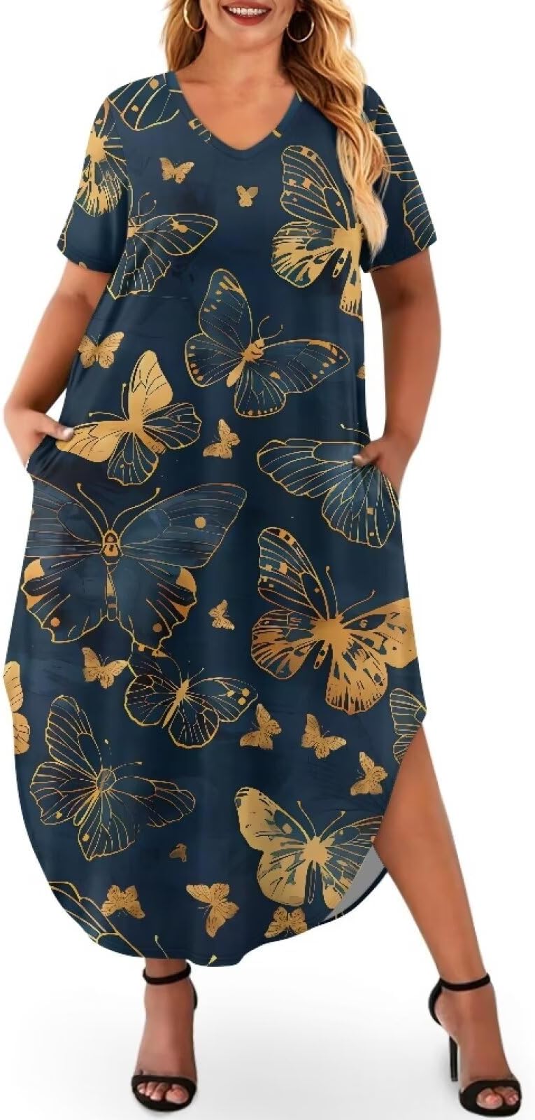 Womens Casual Dresses Plus Size Summer Sundress with Pocket V Neck Swing Maxi Dress