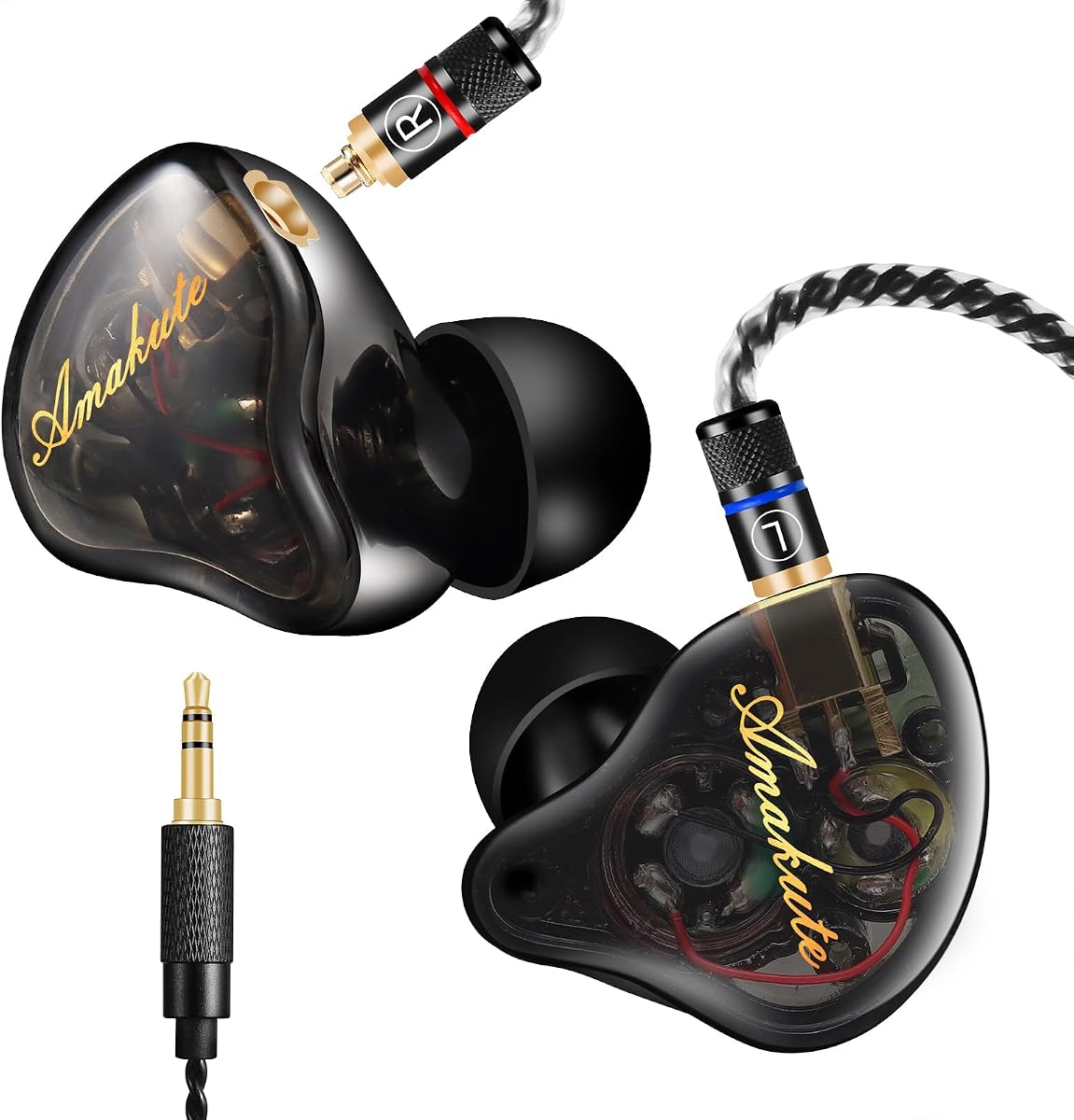 DEMAKE in Ear Monitor with Detachable Silver-Plated 3.5mm Cable | HiFi IEM, Tesla Dual Dynamic Driver Wired Earbuds, Noise-Isolating In-Ear Headphones for Singers & Audiophiles(Black & Clear)