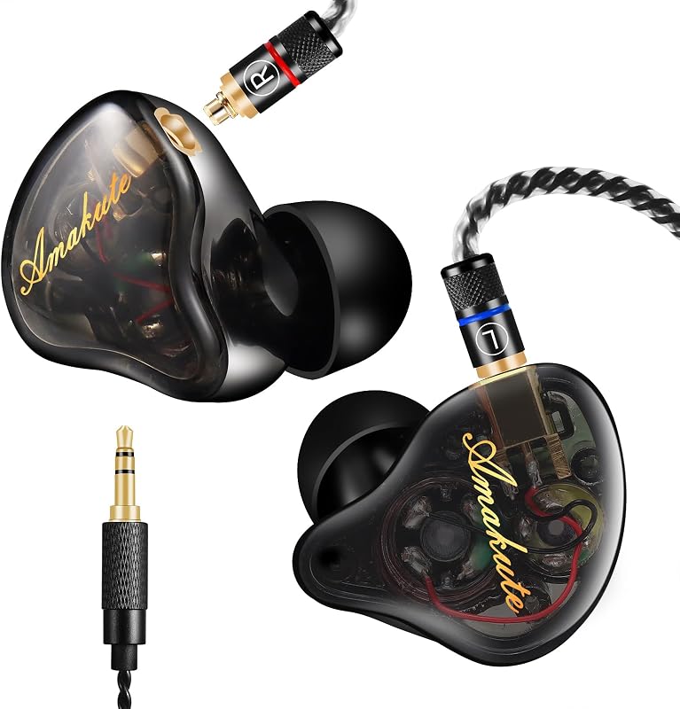 DEMAKE in Ear Monitor with Detachable Silver-Plated 3.5mm Cable | HiFi IEM, Tesla Dual Dynamic Driver Wired Earbuds, Noise-Isolating In-Ear Headphones for Singers & Audiophiles(Black & Clear)