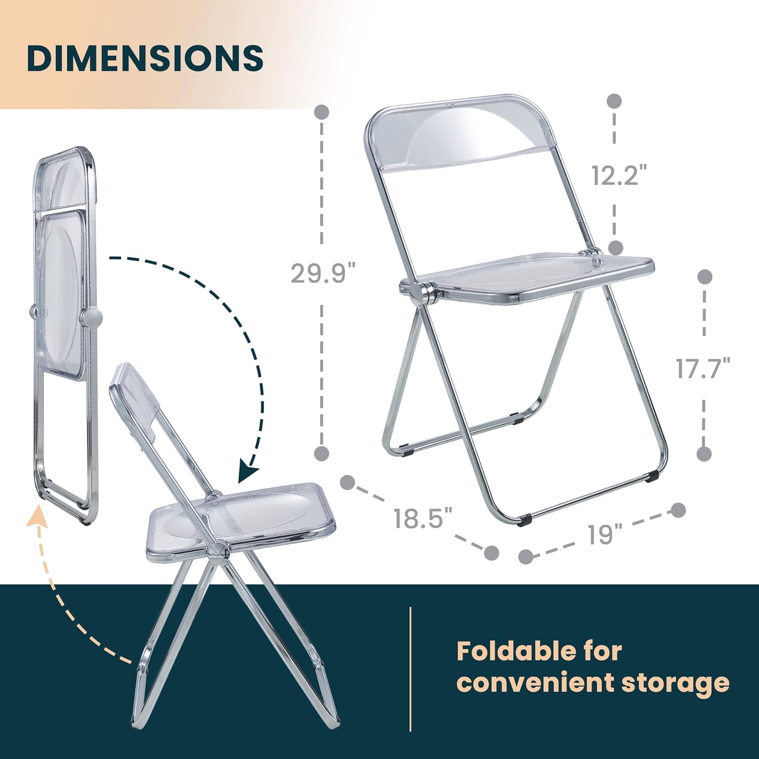 LeisureMod Lawrence Modern Clear Acrylic Folding Chair with Metal Frame, Space-Saving Transparent Seating for Dining Room, Home Office, Bedroom, Vanity or Small Spaces, (Clear, Singles)