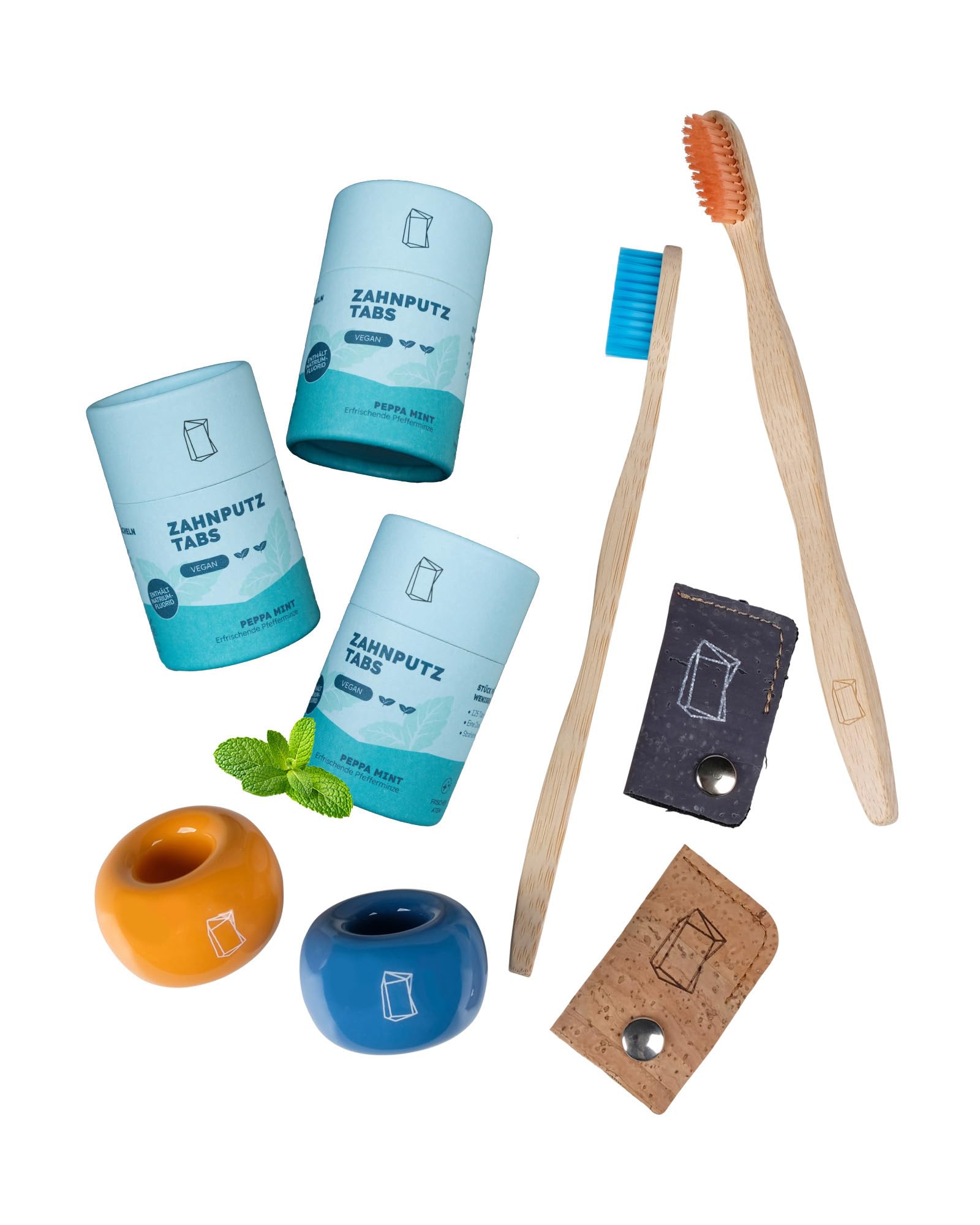 Duschbrocken Feste Zahnpasta Komplettpaket - Set aus 3x Zahnputztabletten, 2x Bambus-Zahnbürste & Zahnpflege-Zubehör - Vegan & Plastikfrei - 93g
