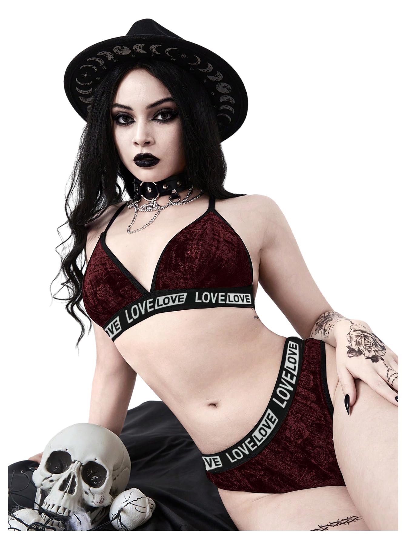 COZYEASE Women's 2 Piece Lingerie Sets Goth Velvet Floral Wireless Bra and Panty Underwear Set: Medium Burgundy