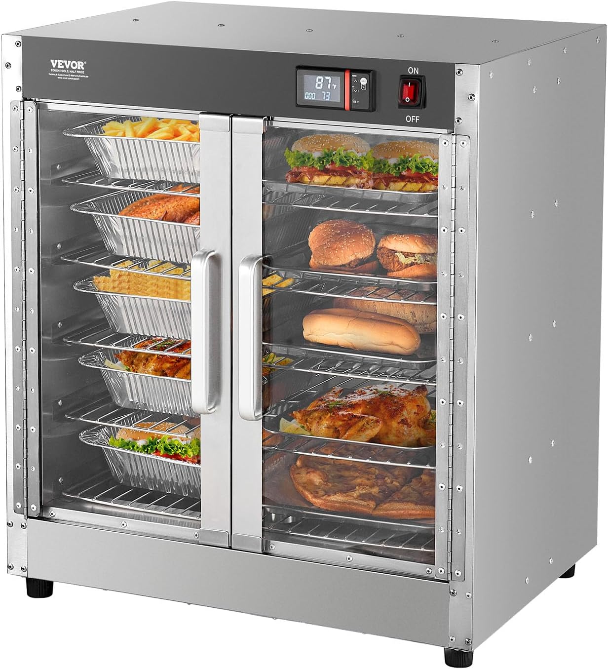VEVOR Hot Box Food Warmer, 5-Tier Concession Warmer with Water Tray, 5 Pans, Double-Door and Adjustable Shelves, Stainless Steel Food Warmer Cabinet, Ideal for Storing Pizza, Chicken, Restaurant