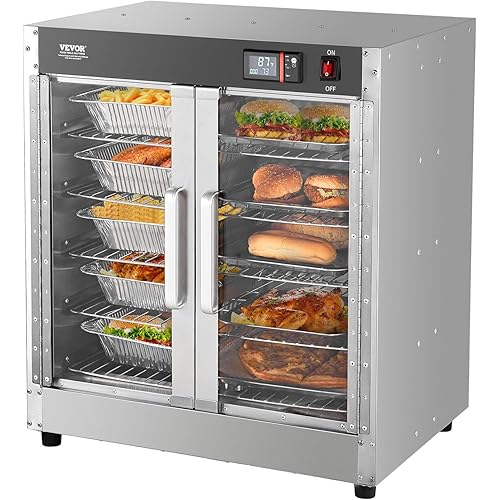 VEVOR Hot Box Food Warmer, 5-Tier Concession Warmer with Water Tray, 5 Pans, Double-Door and Adjustable Shelves, Stainless Steel Food Warmer Cabinet, Ideal for Storing Pizza, Chicken, Restaurant