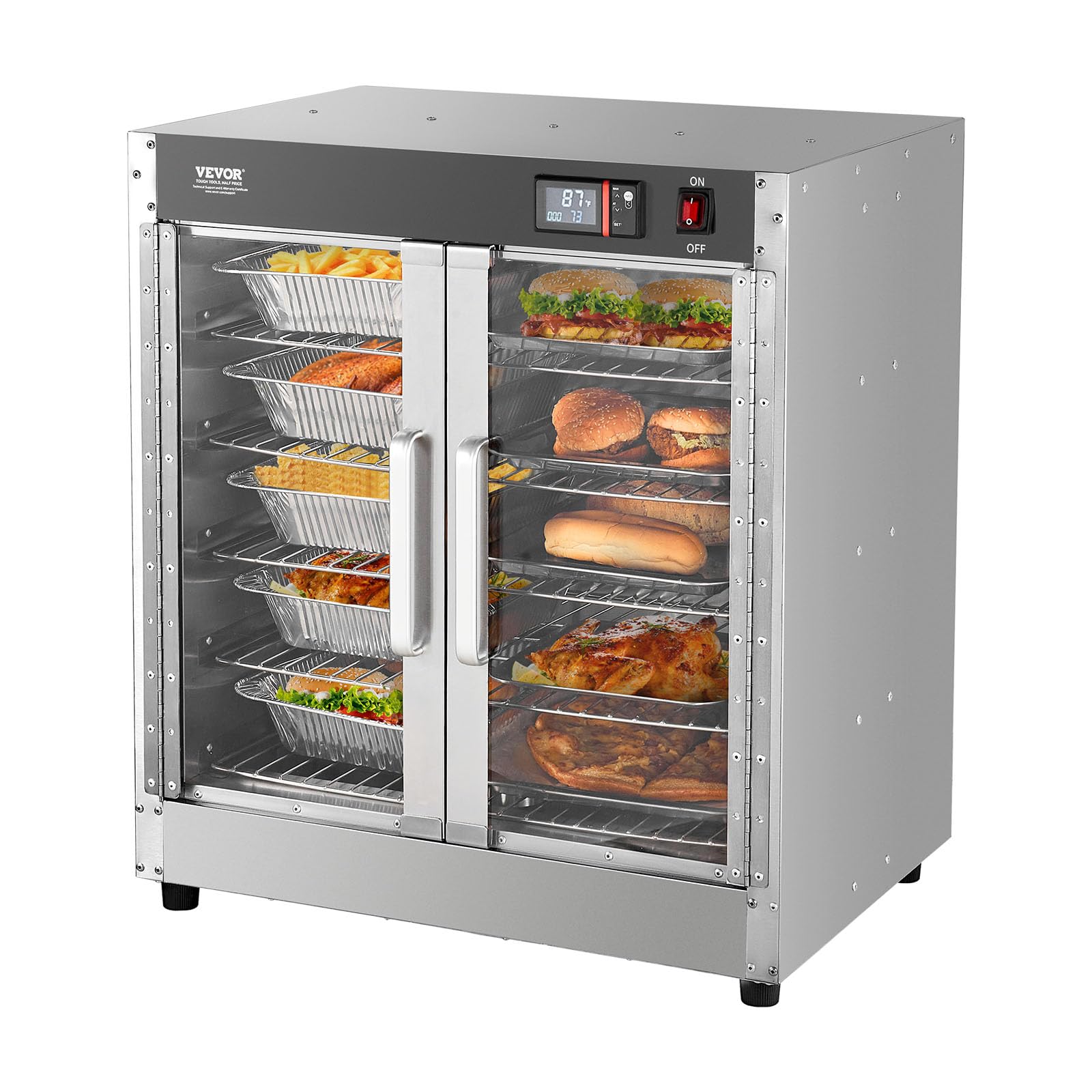 VEVOR Hot Box Food Warmer, 5-Tier Concession Warmer with Water Tray, 5 Pans, Double-Door and Adjustable Shelves, Stainless Steel Food Warmer Cabinet, Ideal for Storing Pizza, Chicken, Restaurant