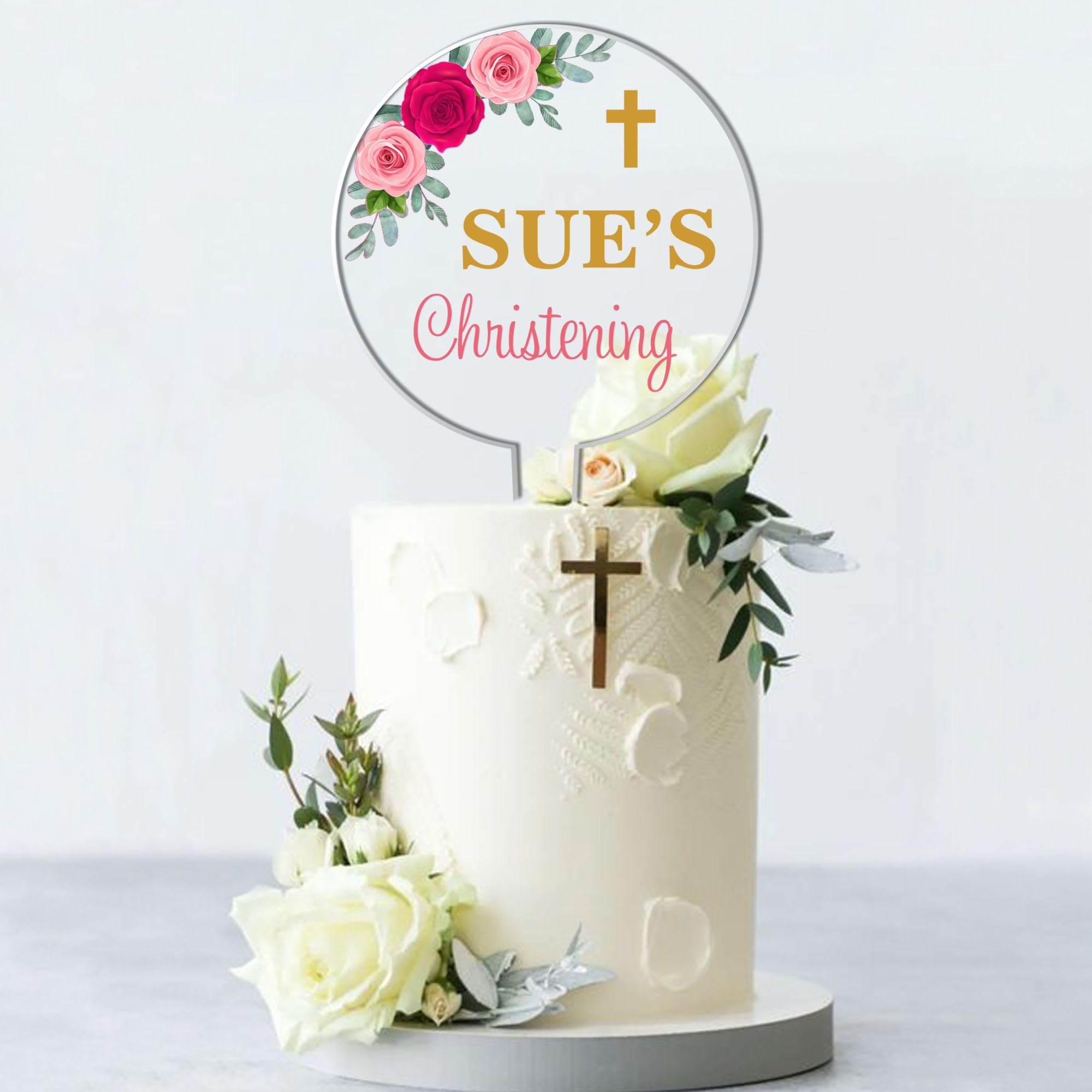 Personalised Religious Cake Topper – Custom Name & Occasion – Christening, Communion or Confirmation – Acrylic Floral Design with Cross – Reusable Printed Cake Decoration (Christening, Pink)
