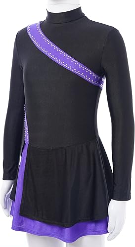 Miniatura 3 de JEATHA Vestido de patinaje artístico con diamantes de imitación para niños y niñas, manga larga, cuello alto, bloque de color, leotardo de baile