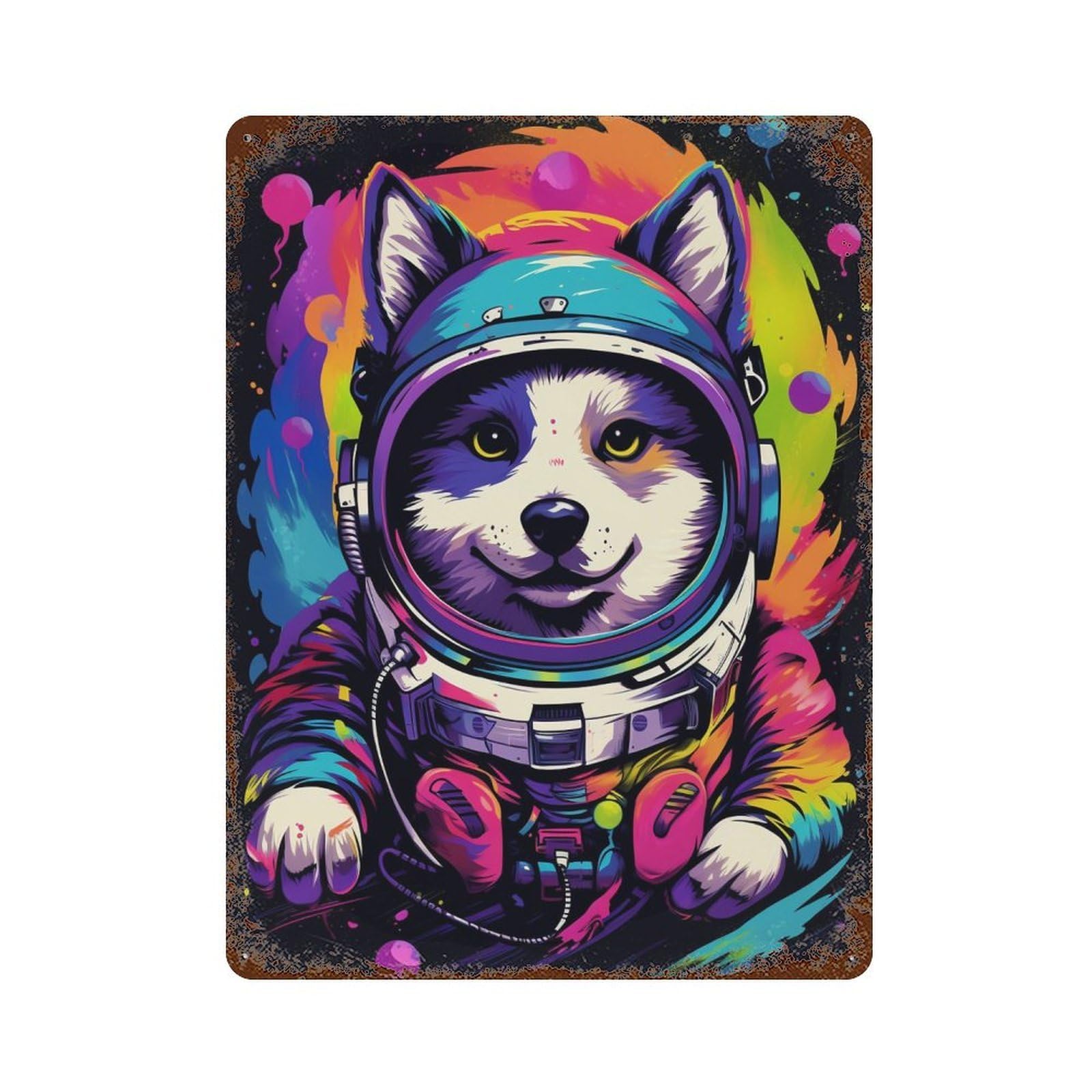 Cosmic Dog Astronaut Art Print Vintage Metal Tin Sign 15.7"x11.8", Ideal for Basement, Hobby Room And Garage Decor