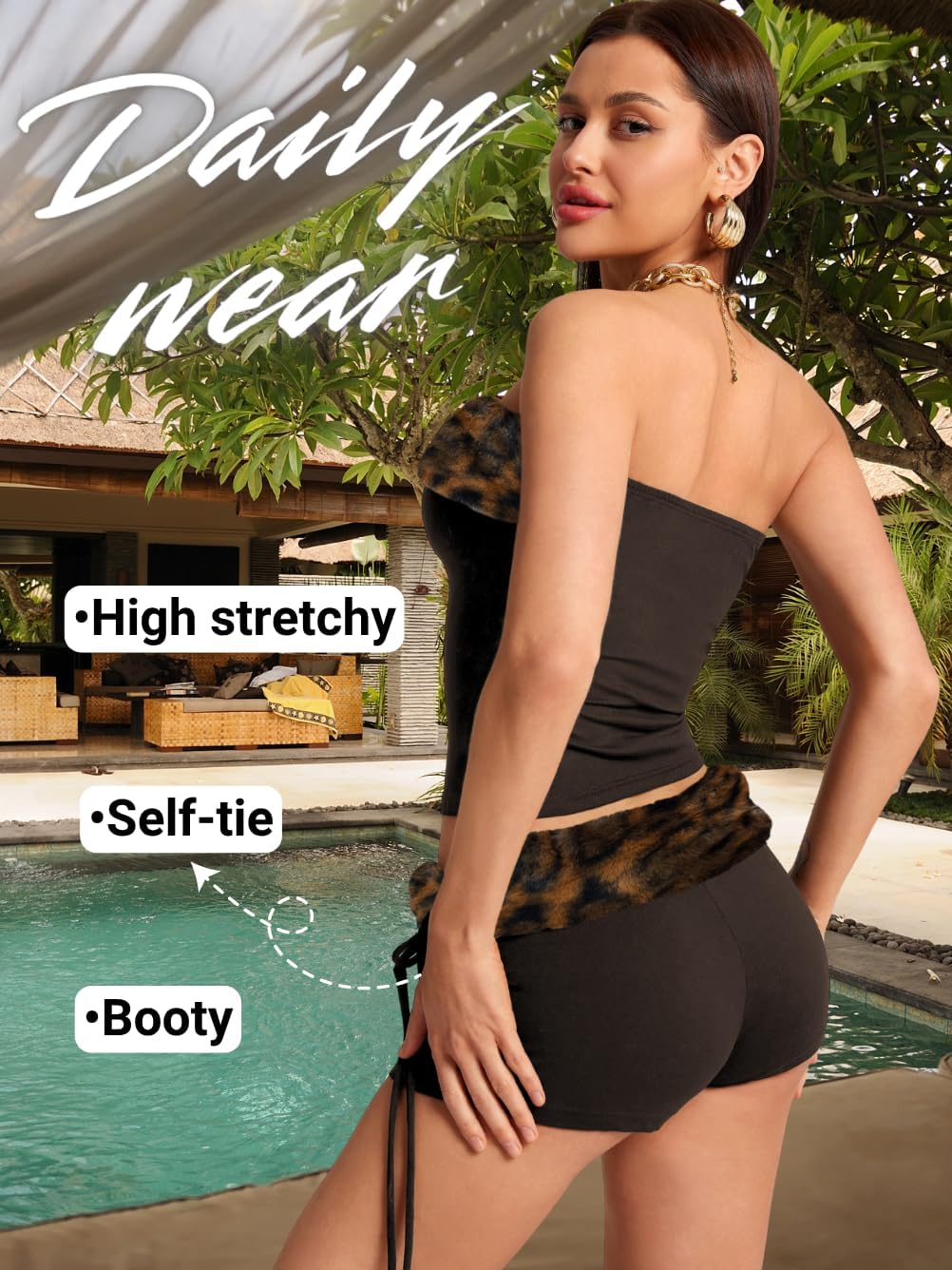 2000S Sexy 2 Piece Leopard Club Outfits, Ruched Tube Strapless Crop Top, Low Rise Booty Shorts Casual Going Out Rave - Image 3