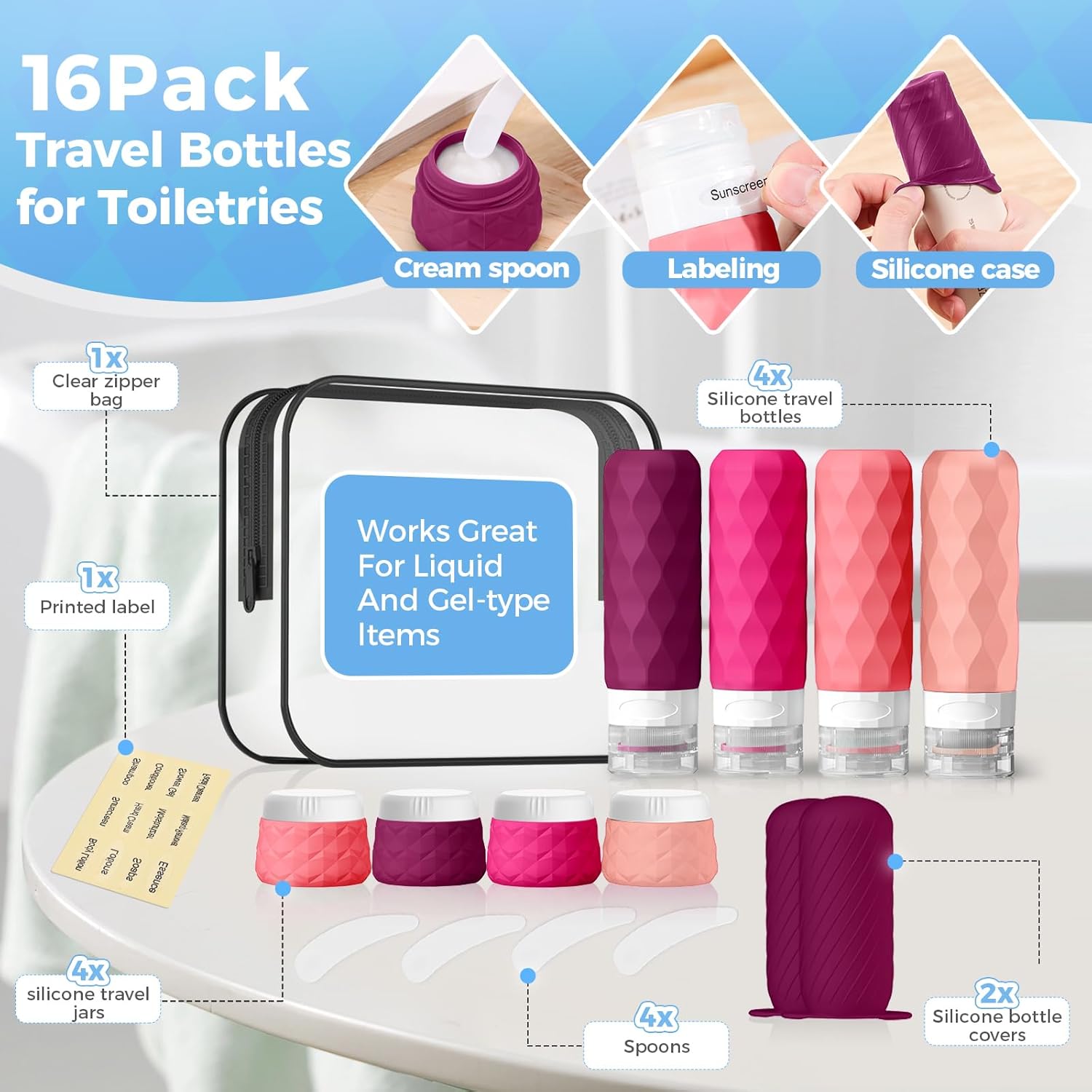 16Pack Travel Bottles for Toiletries, TSA Approved Travel Size Toiletries Containers Set, Silicone Leak Proof Refillable Bottles Elastic Sleeves Creams Jars Accessories Kit W/Clear Bag (Purplish Red) - Image 3