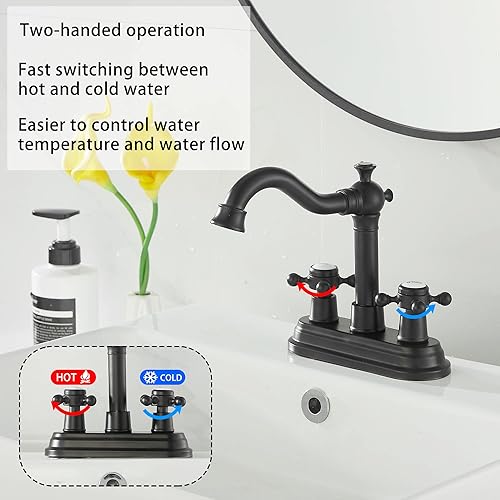 Miniatura 3 de GGStudy Grifo de baño negro mate con 2 asas de 4 pulgadas, juego central de 4 pulgadas, grifo de tocador de baño negro con montaje de drenaje y