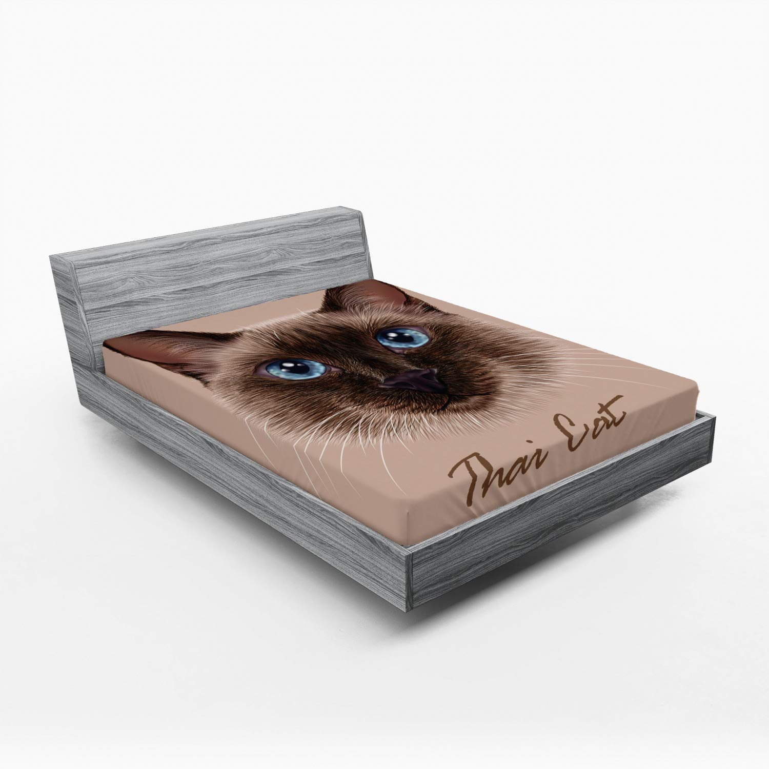 Ambesonne Cat Fitted Sheet, Realistic Traditional Siamese Cat Portrait Illustration Domestic Fluffy Animal Theme, Soft Decorative Fabric Bedding All-Round Elastic Pocket, Queen Size, Warm Taupe