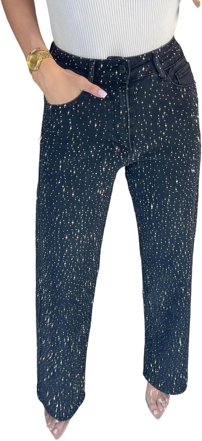 NRTHYE Womens High Waisted Rhinestone Jeans Baggy Straight Wide Leg Shiny Diamond Casual Denim Pants Trousers