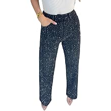 NRTHYE Womens High Waisted Rhinestone Jeans Baggy Straight Wide Leg Shiny Diamond Casual Denim Pants Trousers
